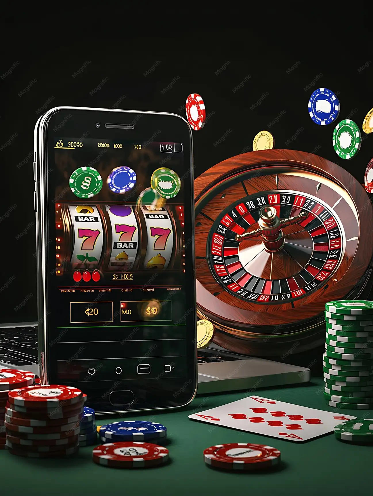 Nettcasino på mobil med rulett, kort og sjetonger