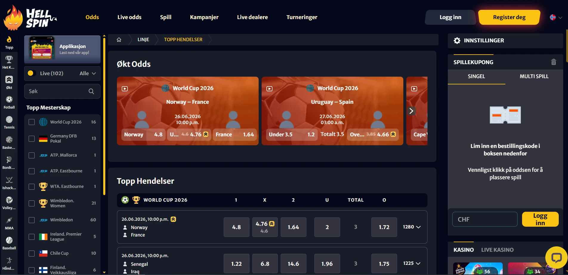 HellSpin side for sportsbetting med odds og kupong