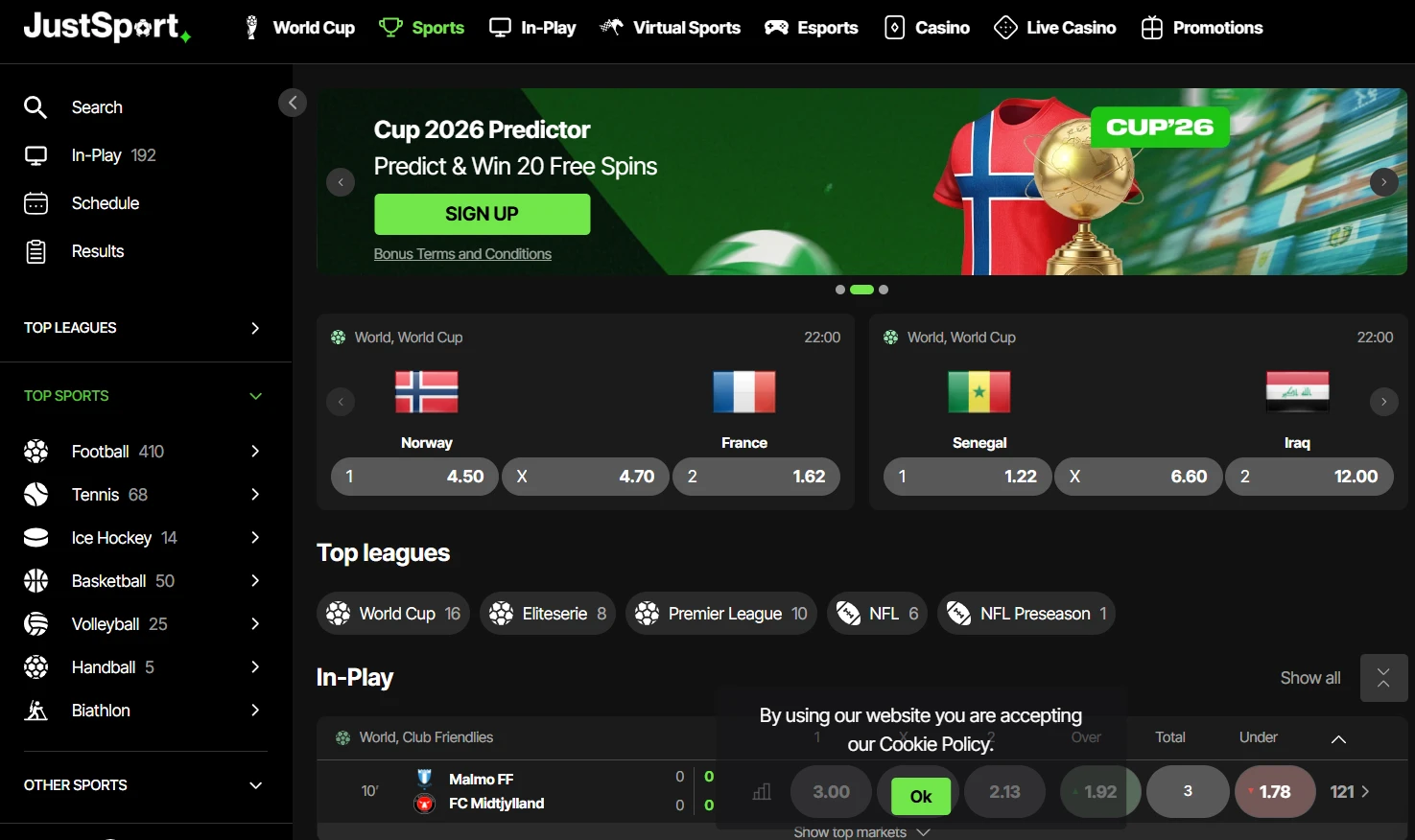 Just Casino side for sportsbetting og live odds