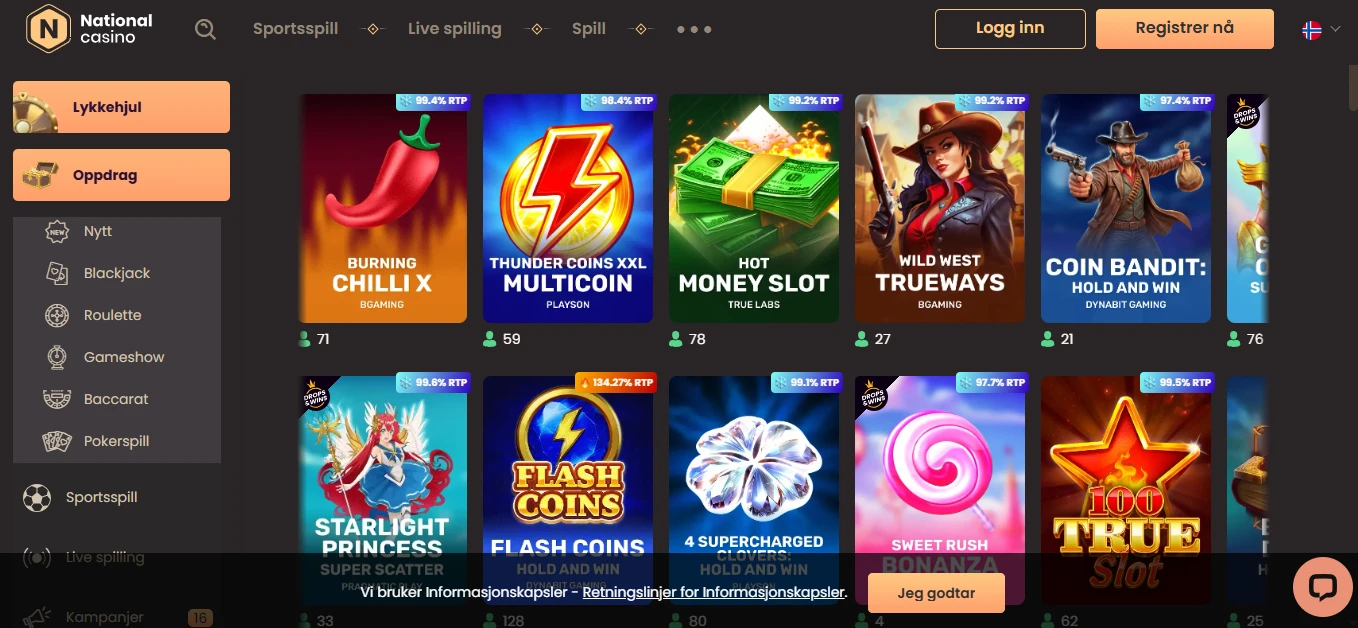 National Casino med populære spilleautomater