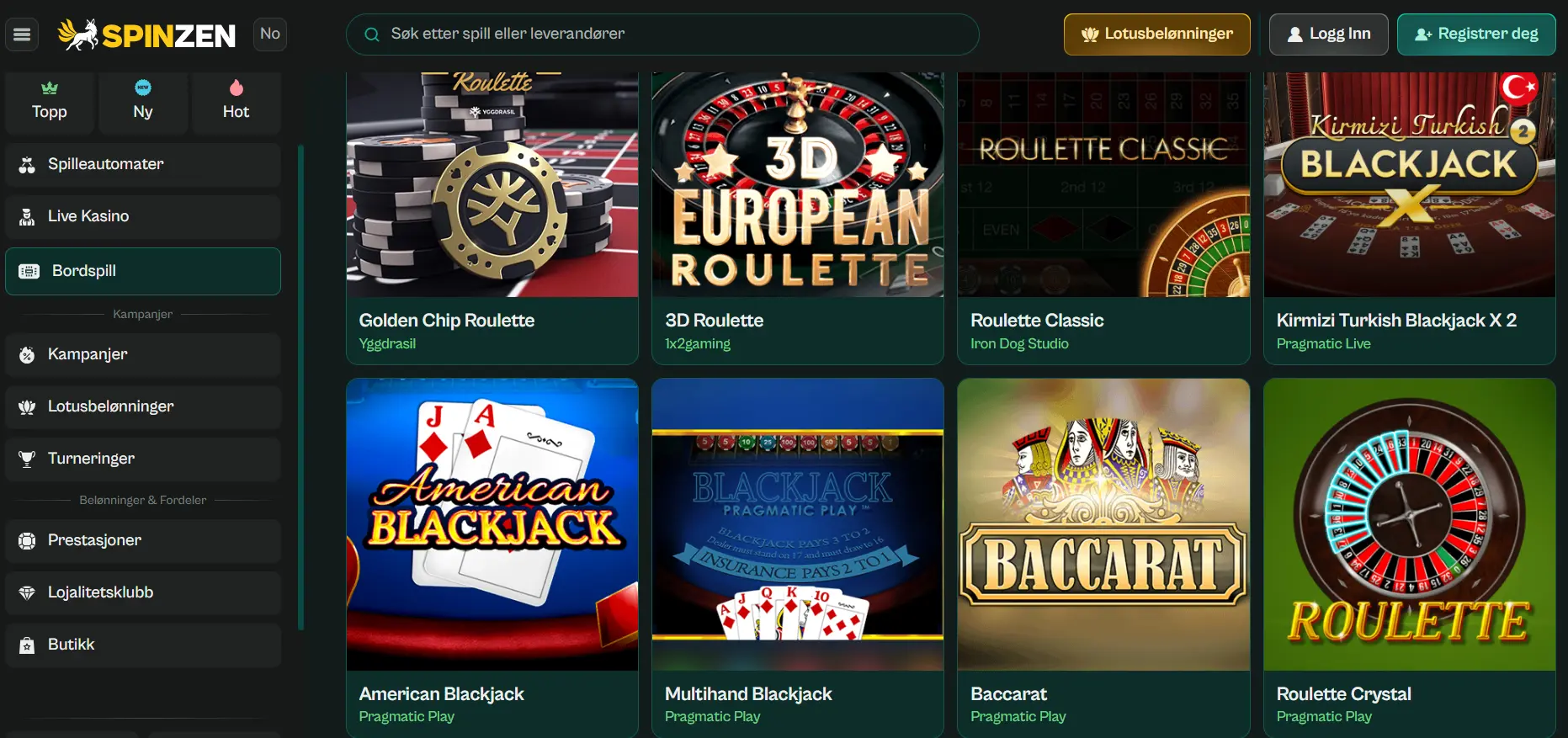 Spinzen Casino med rulett, blackjack og bordspill