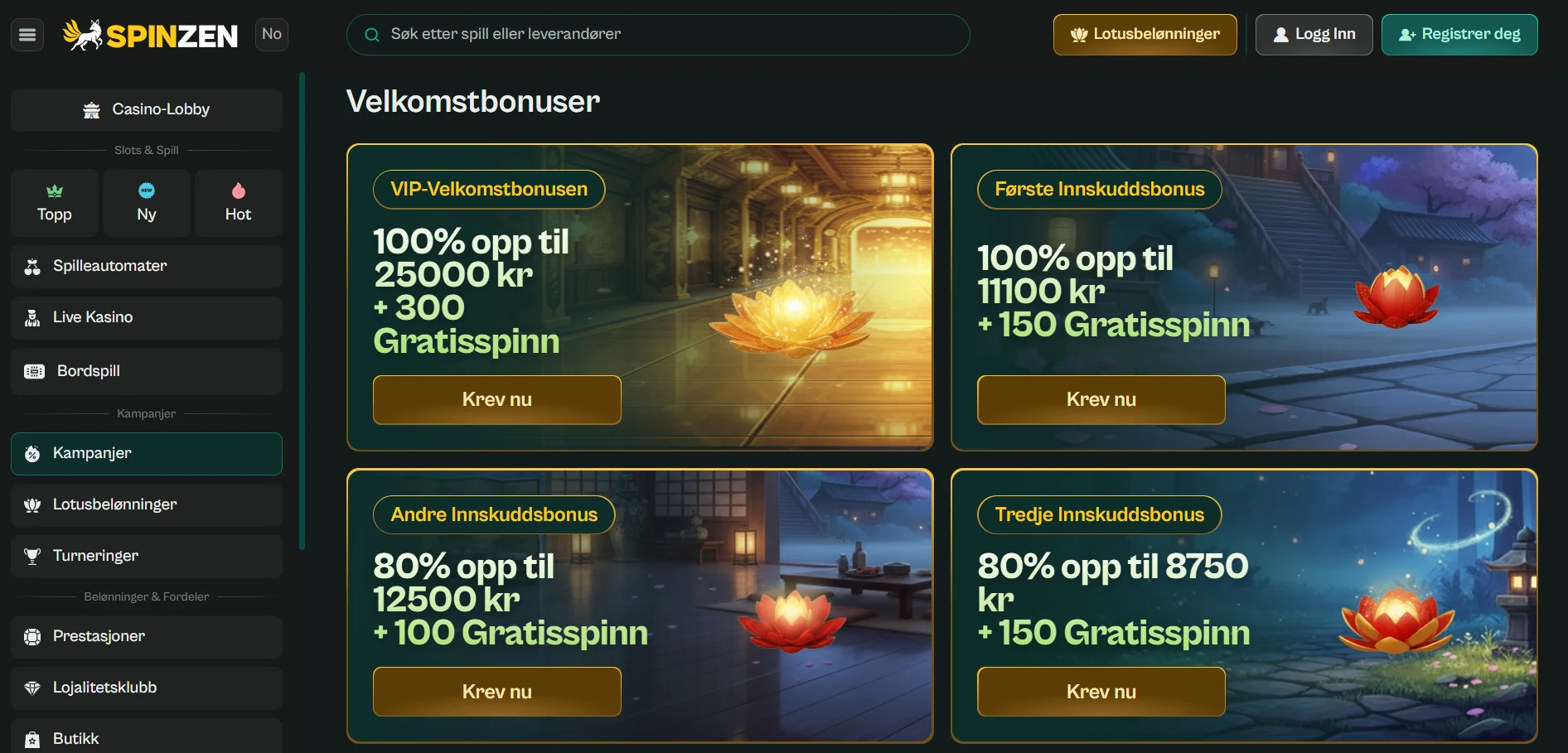 Spinzen Casino med velkomstbonuser og gratisspinn