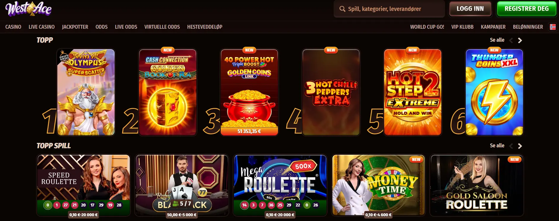 Westace Casino med spilleautomater og live casinospill